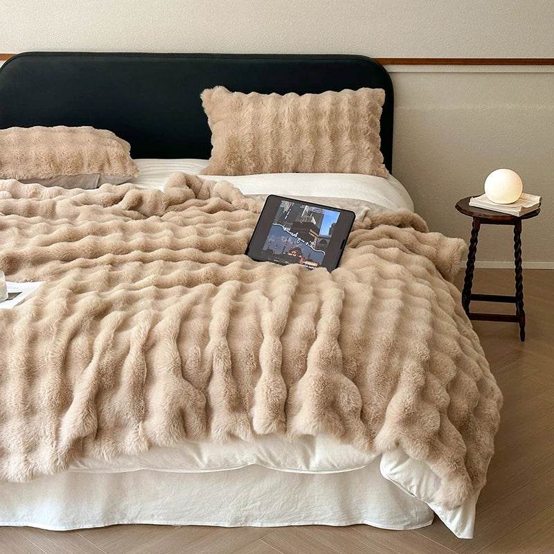 Faux Fur Throw Blanket for Couch, Cozy Warm Plush Striped Blanket for Sofa Bedroom Living Room, All Season Use - Sleep Galleria