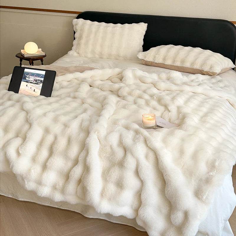 Faux Fur Throw Blanket for Couch, Cozy Warm Plush Striped Blanket for Sofa Bedroom Living Room, All Season Use - Sleep Galleria