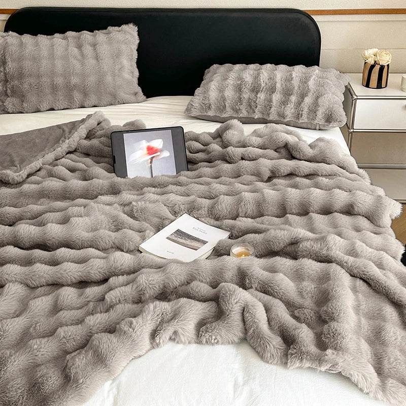 Faux Fur Throw Blanket for Couch, Cozy Warm Plush Striped Blanket for Sofa Bedroom Living Room, All Season Use - Sleep Galleria