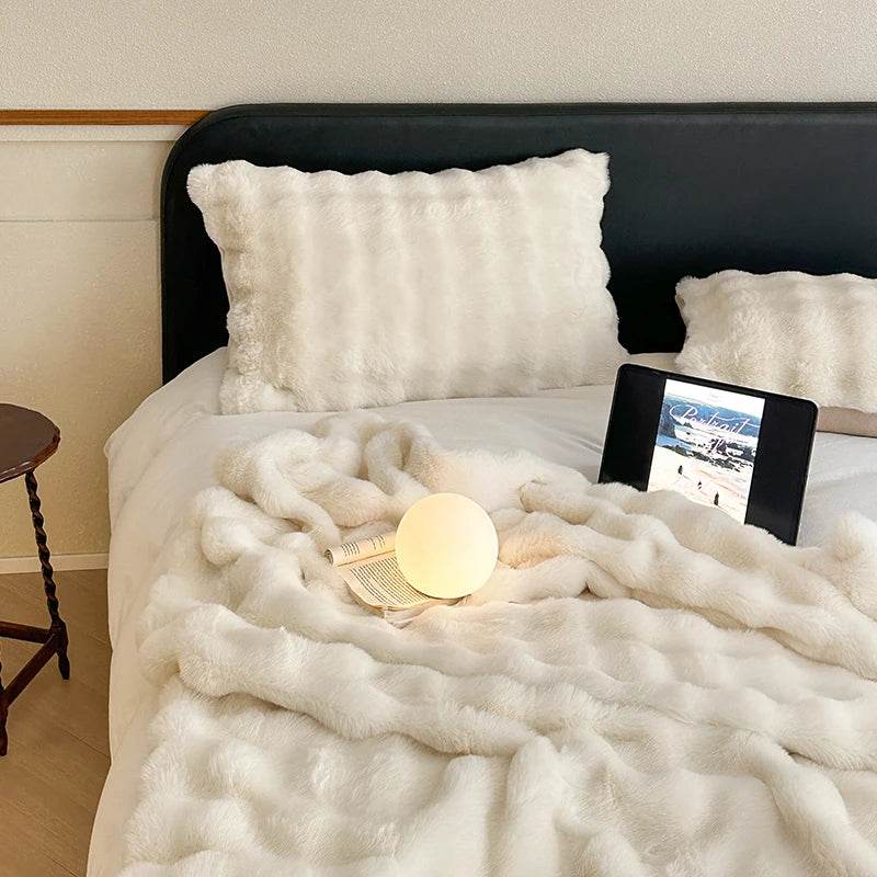 Faux Fur Throw Blanket for Couch, Cozy Warm Plush Striped Blanket for Sofa Bedroom Living Room, All Season Use - Sleep Galleria