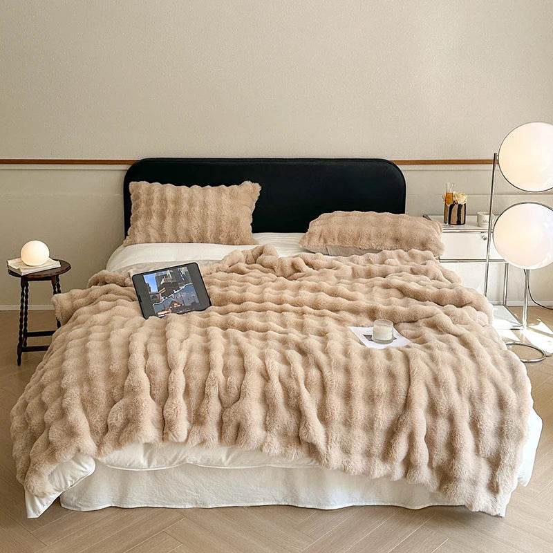 Faux Fur Throw Blanket for Couch, Cozy Warm Plush Striped Blanket for Sofa Bedroom Living Room, All Season Use - Sleep Galleria