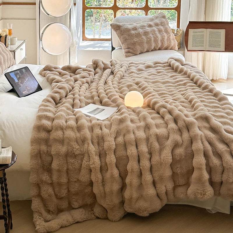 Faux Fur Throw Blanket for Couch, Cozy Warm Plush Striped Blanket for Sofa Bedroom Living Room, All Season Use - Sleep Galleria