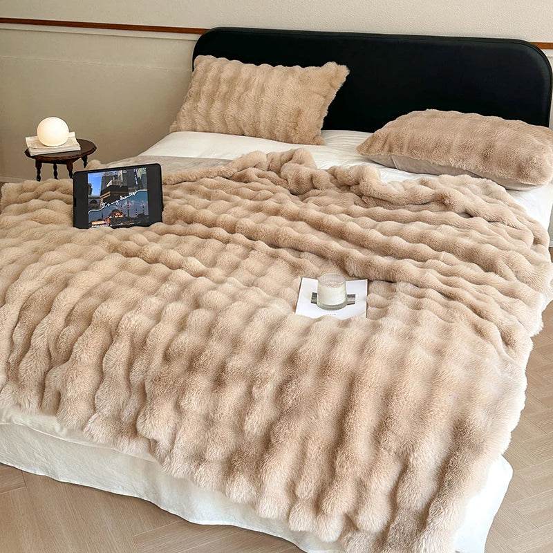 Faux Fur Throw Blanket for Couch, Cozy Warm Plush Striped Blanket for Sofa Bedroom Living Room, All Season Use - Sleep Galleria