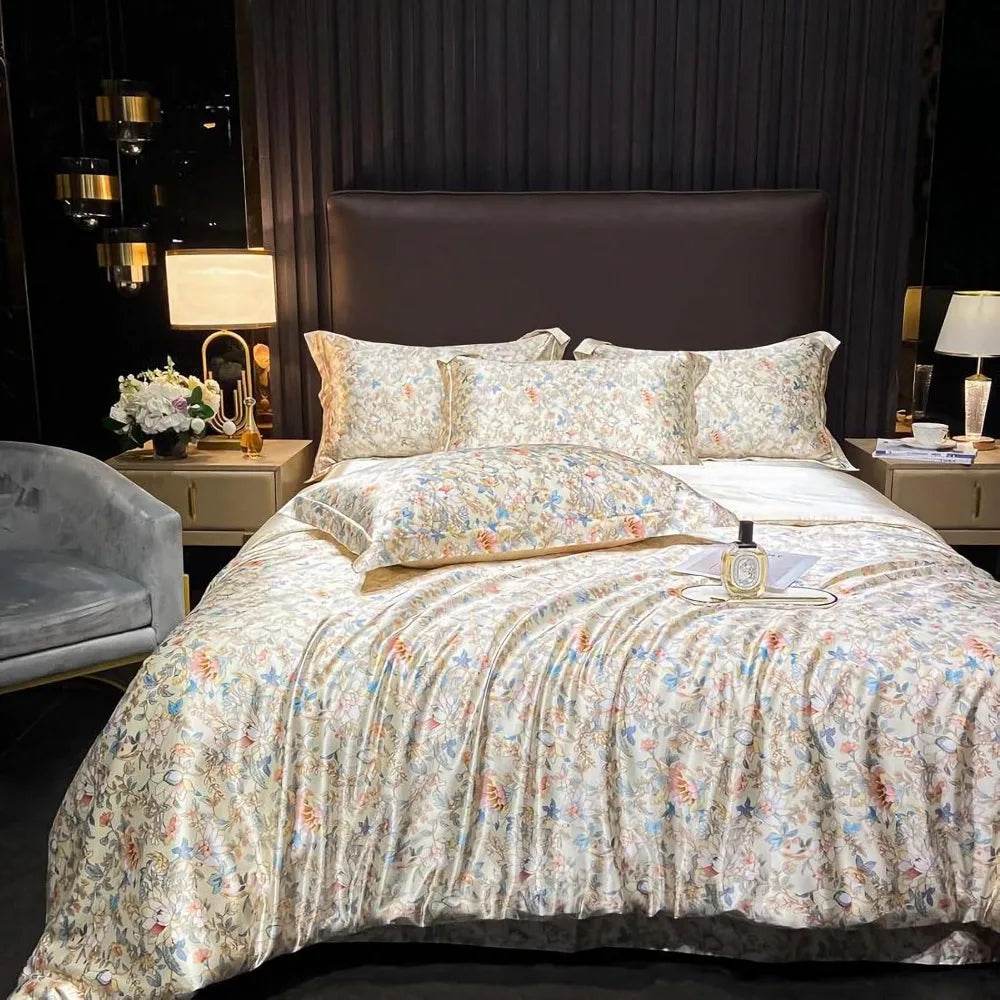 Floral Duvet Cover King Size, with Flat Sheet, 4 Pieces Satin Soft Bedding, 1 Breathable Duvet Cover 104x90 Inches, Bedding Set - Omega Lifestyles