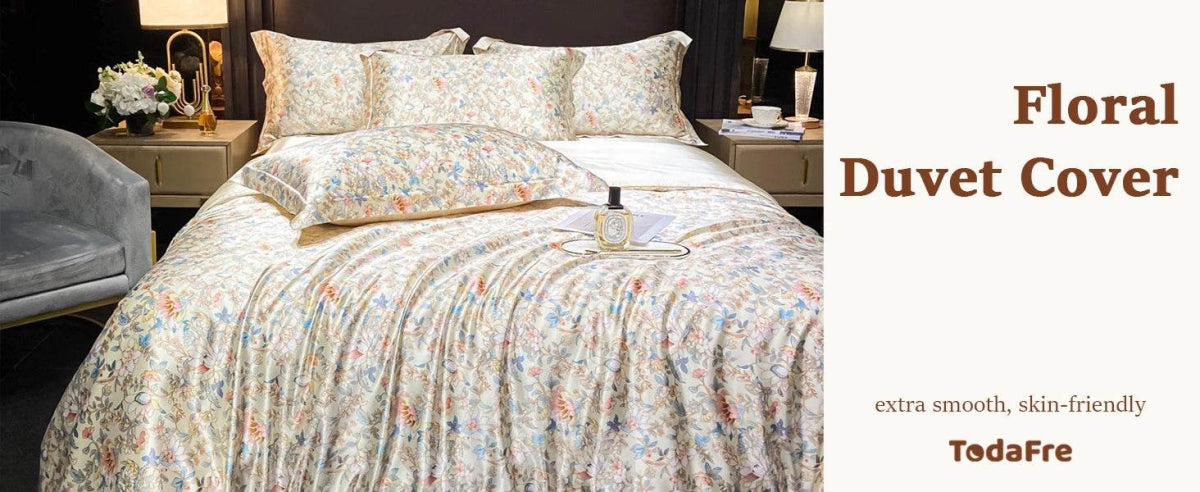 Floral Duvet Cover King Size, with Flat Sheet, 4 Pieces Satin Soft Bedding, 1 Breathable Duvet Cover 104x90 Inches, Bedding Set - Omega Lifestyles
