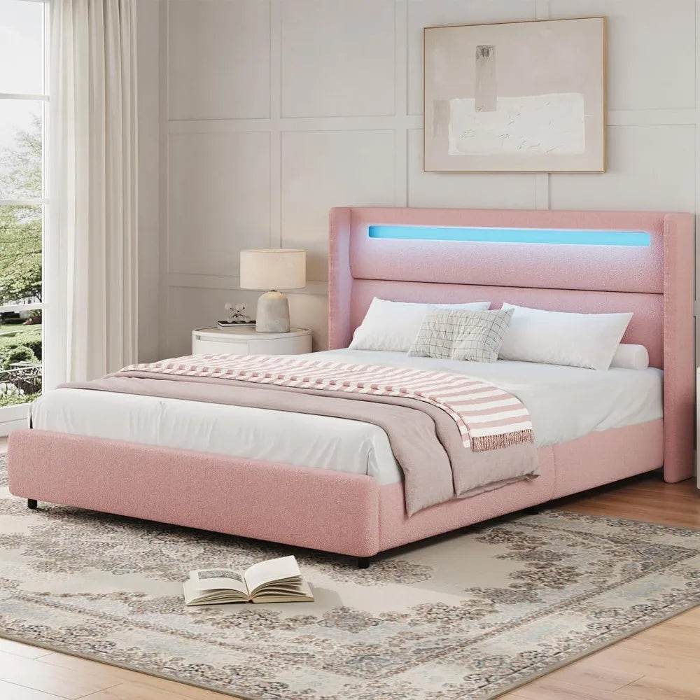 Frame with LED Lights and Headboard, Boucle Upholstered Platform Bed with Wingback Design, Modern Soft Bed Fram - Omega Lifestyles