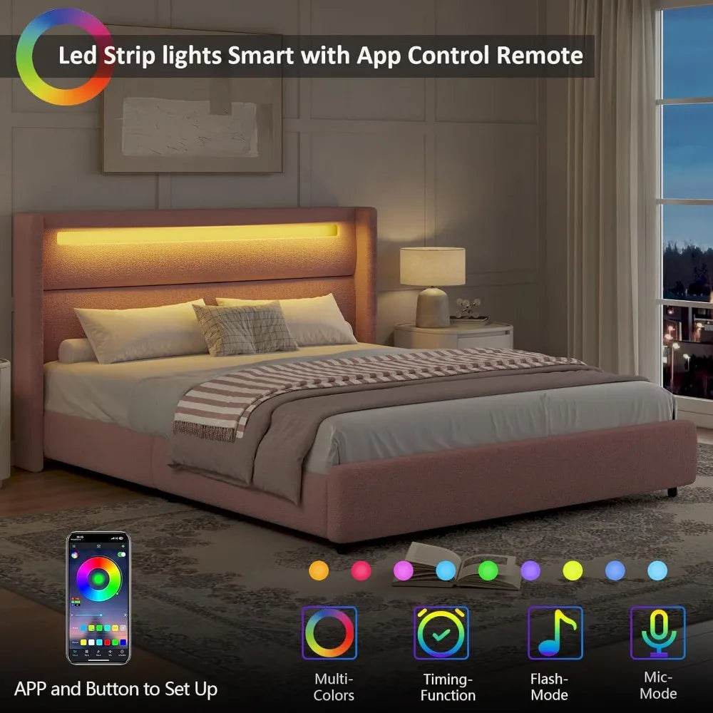 Frame with LED Lights and Headboard, Boucle Upholstered Platform Bed with Wingback Design, Modern Soft Bed Fram - Omega Lifestyles
