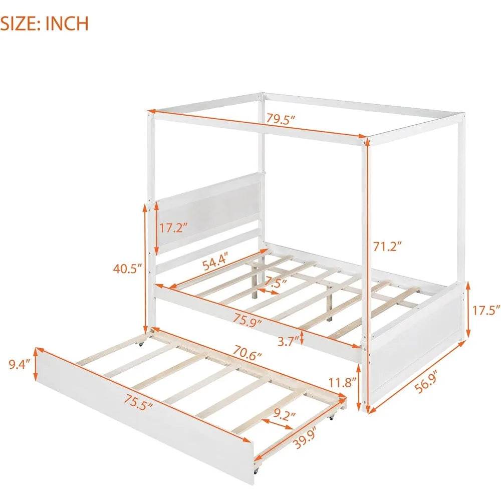 Full Size Canopy Bed with Trundle and Headboard, Solid Wood Four Poster Bed Frame with Support Slats, Wood Canopy Platform Bed f - Sleep Galleria