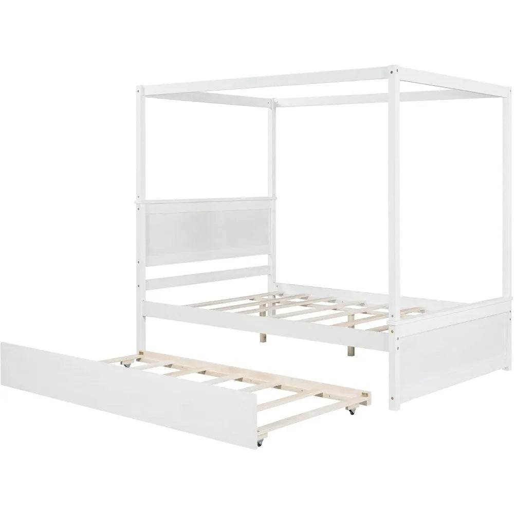 Full Size Canopy Bed with Trundle and Headboard, Solid Wood Four Poster Bed Frame with Support Slats, Wood Canopy Platform Bed f - Sleep Galleria