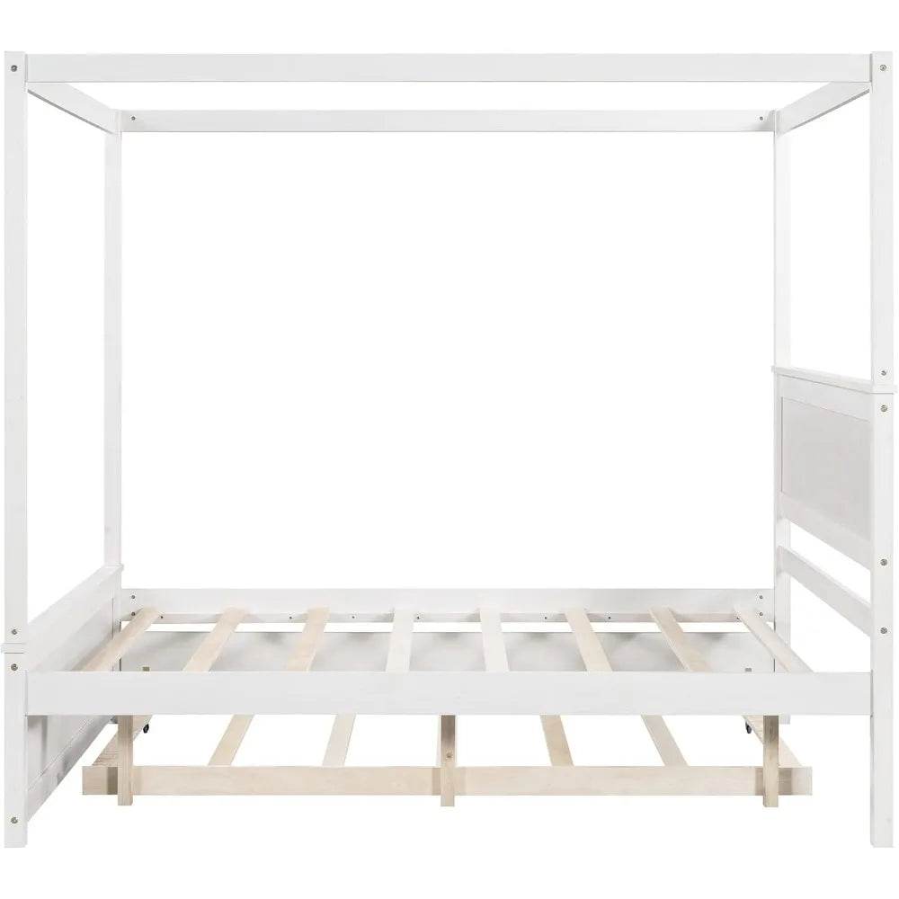 Full Size Canopy Bed with Trundle and Headboard, Solid Wood Four Poster Bed Frame with Support Slats, Wood Canopy Platform Bed f - Sleep Galleria