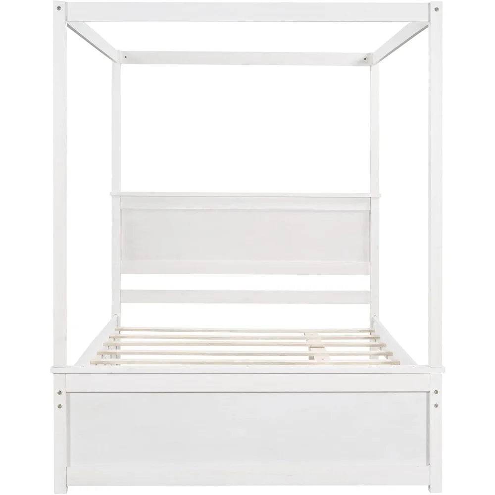 Full Size Canopy Bed with Trundle and Headboard, Solid Wood Four Poster Bed Frame with Support Slats, Wood Canopy Platform Bed f - Sleep Galleria