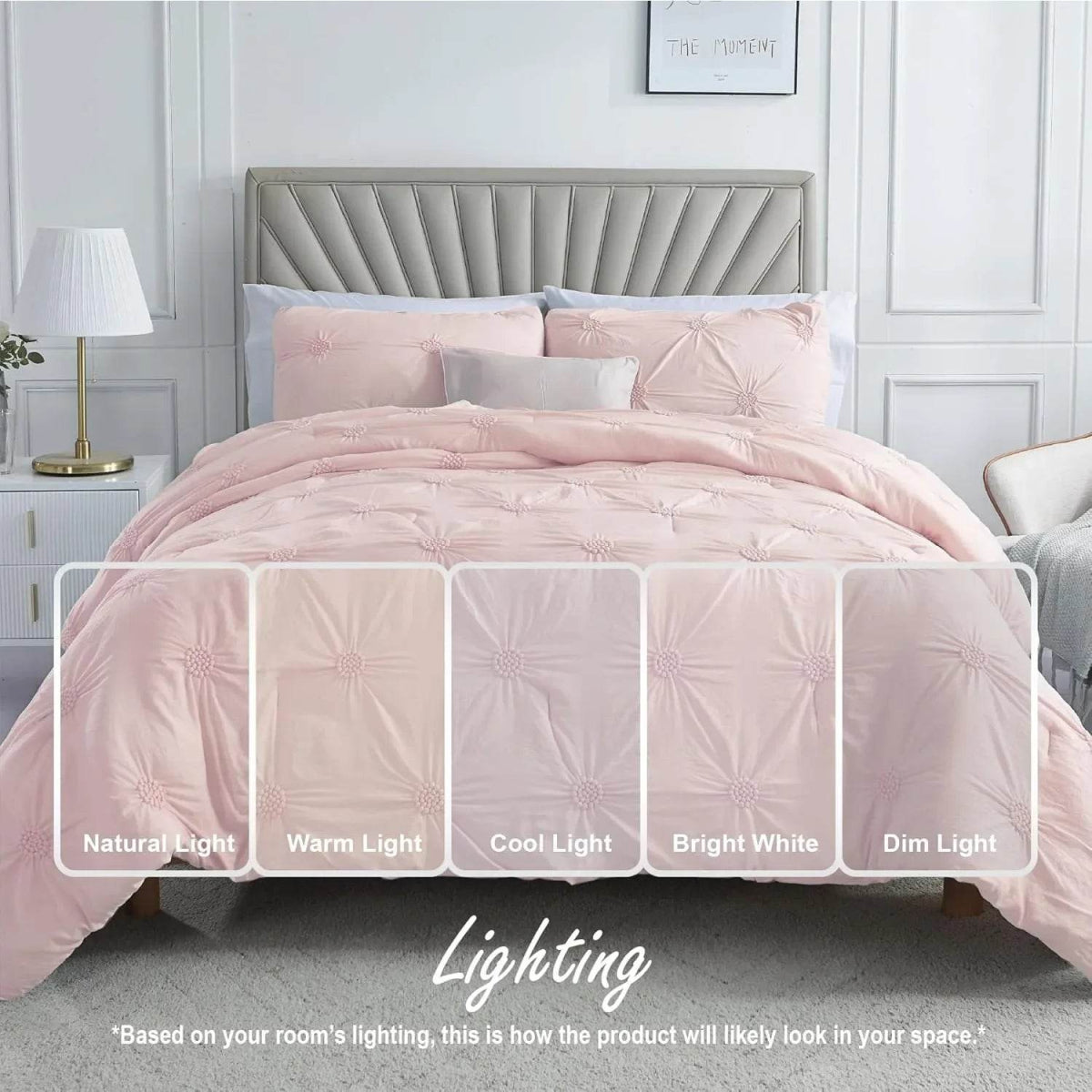 Full/Queen Baby Pink Rose Blush Comforter Set - Ruched 3D Floral Pintuck Bedding Set - 3 Pieces Bed Linen, 1 Comforter - Sleep Galleria