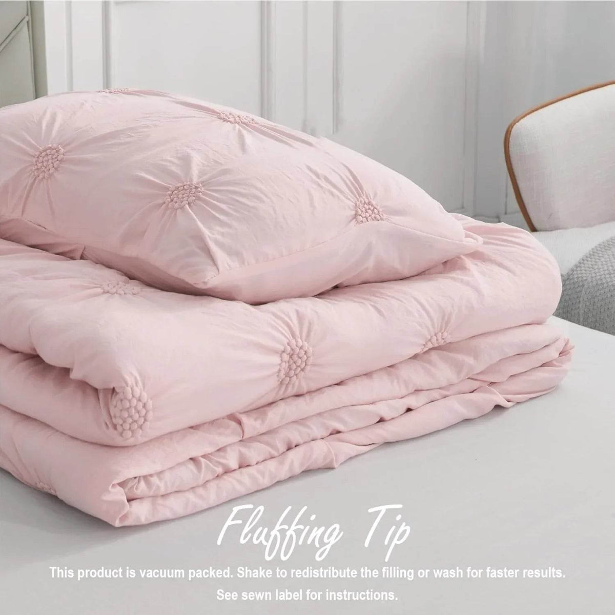 Full/Queen Baby Pink Rose Blush Comforter Set - Ruched 3D Floral Pintuck Bedding Set - 3 Pieces Bed Linen, 1 Comforter - Sleep Galleria