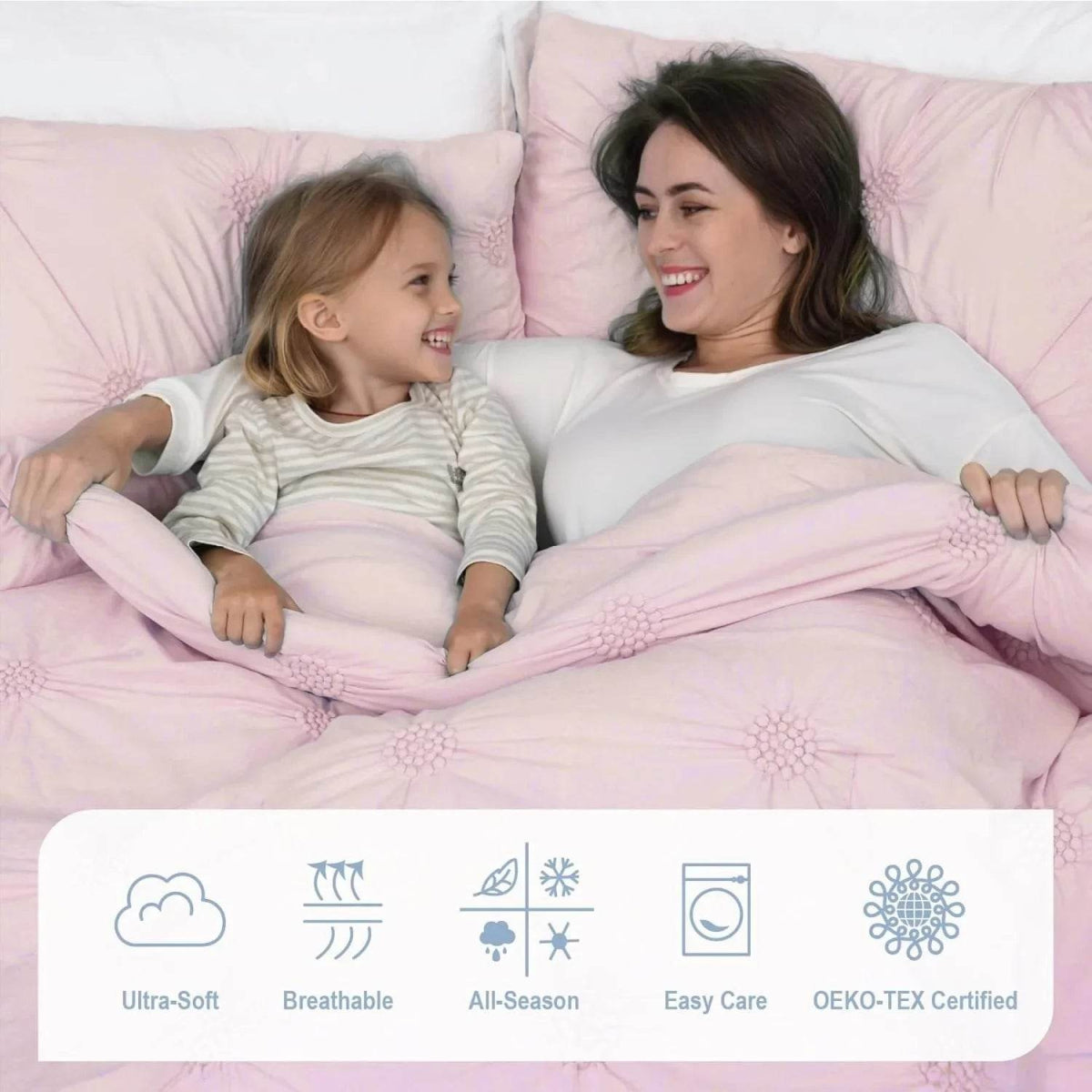 Full/Queen Baby Pink Rose Blush Comforter Set - Ruched 3D Floral Pintuck Bedding Set - 3 Pieces Bed Linen, 1 Comforter - Sleep Galleria