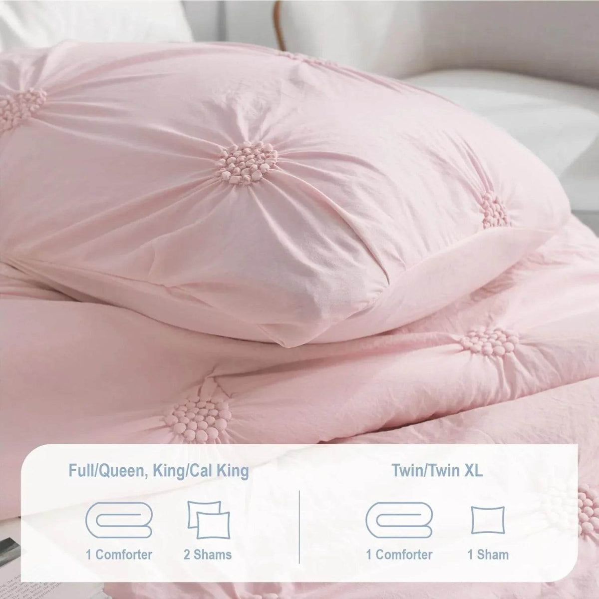 Full/Queen Baby Pink Rose Blush Comforter Set - Ruched 3D Floral Pintuck Bedding Set - 3 Pieces Bed Linen, 1 Comforter - Sleep Galleria