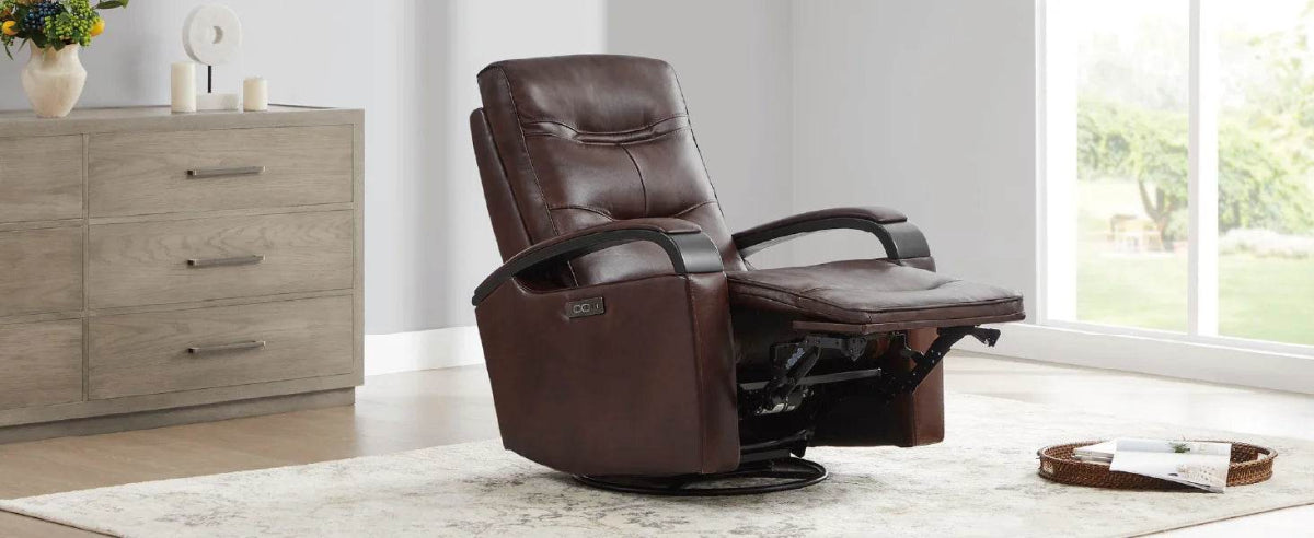 Genuine Leather Power Swivel Glider Rocker Recliner, Adjustable Power Headrest, Wooden Armrest, Certified Recliner Chair Sofa - Omega Lifestyles
