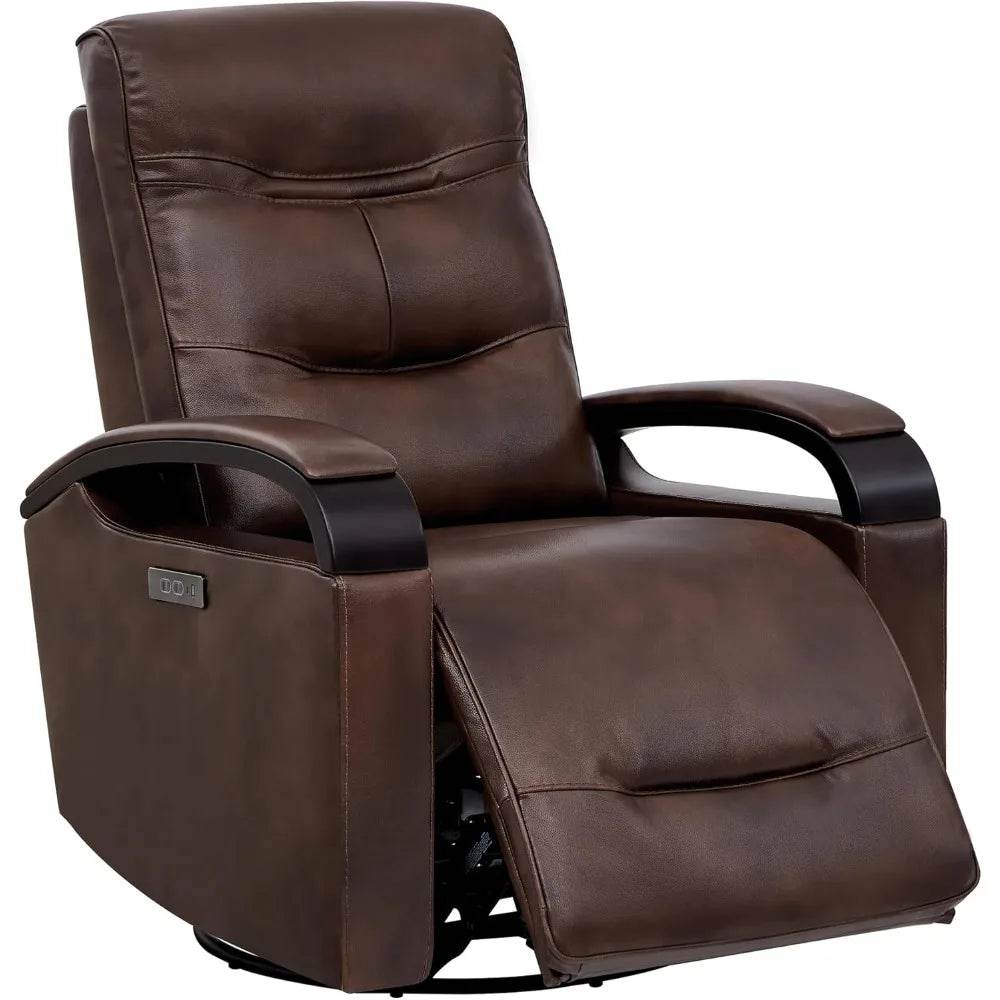 Genuine Leather Power Swivel Glider Rocker Recliner, Adjustable Power Headrest, Wooden Armrest, Certified Recliner Chair Sofa - Omega Lifestyles