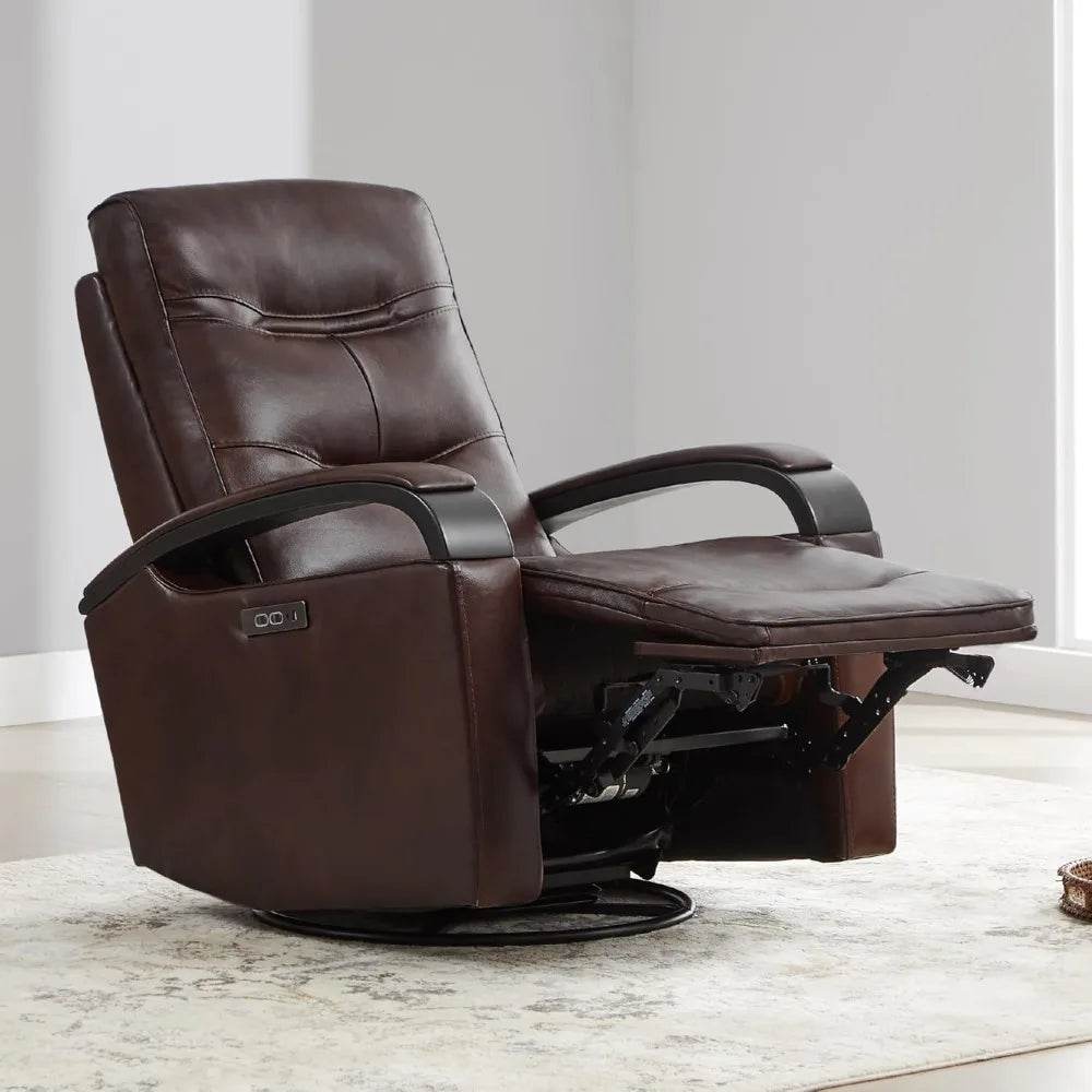 Genuine Leather Power Swivel Glider Rocker Recliner, Adjustable Power Headrest, Wooden Armrest, Certified Recliner Chair Sofa - Omega Lifestyles