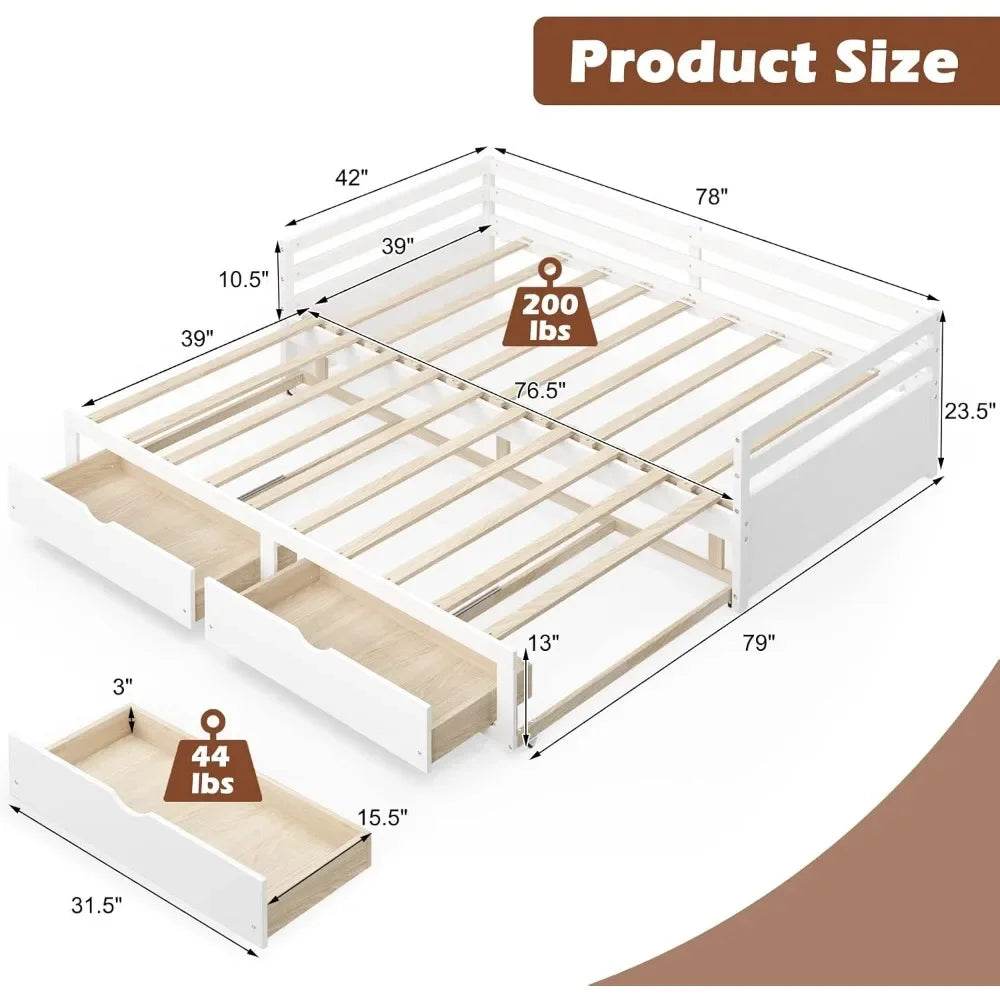 Giantex Wood Daybed with Trundle, Twin to King Extendable Daybed with 2 Storage Drawers, Dual-use Modern Day Bed for Teens, Adul - Sleep Galleria
