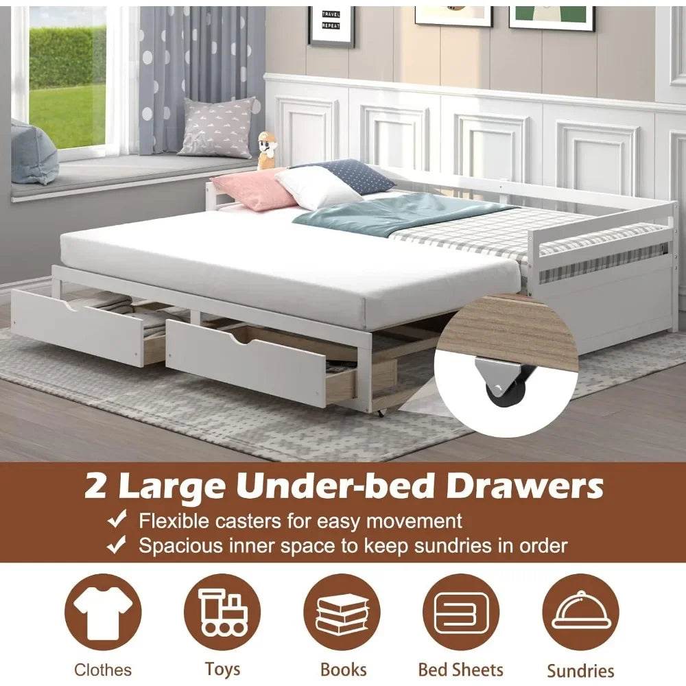 Giantex Wood Daybed with Trundle, Twin to King Extendable Daybed with 2 Storage Drawers, Dual-use Modern Day Bed for Teens, Adul - Sleep Galleria