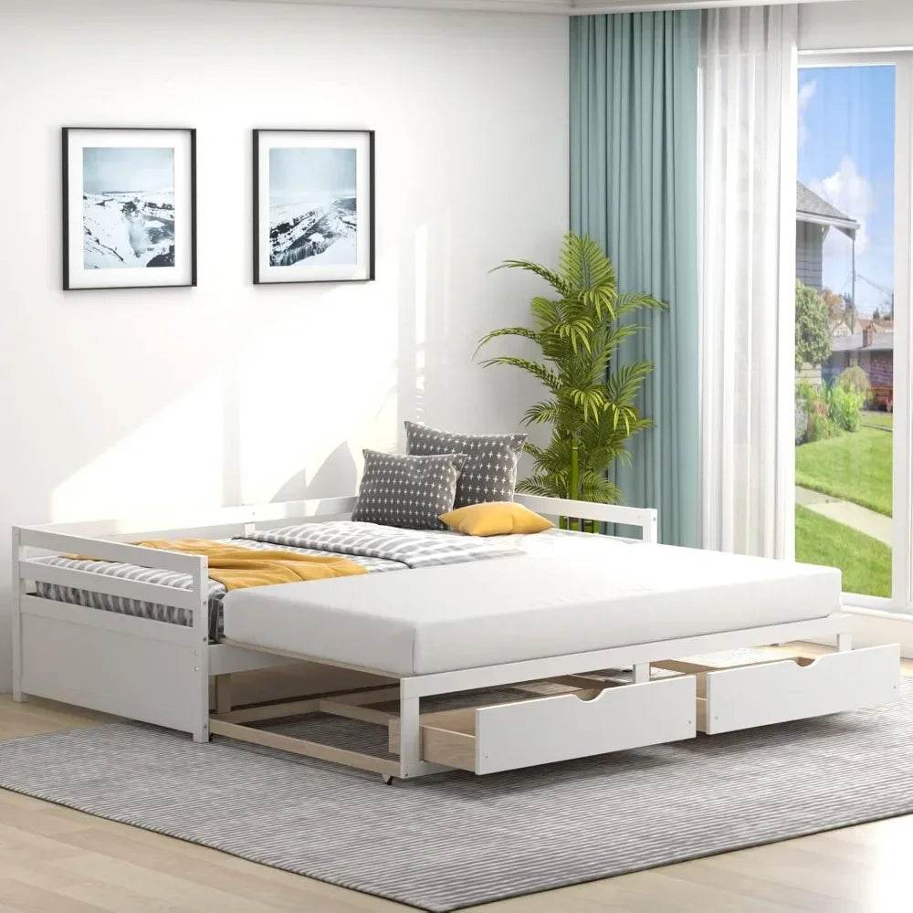Giantex Wood Daybed with Trundle, Twin to King Extendable Daybed with 2 Storage Drawers, Dual-use Modern Day Bed for Teens, Adul - Sleep Galleria