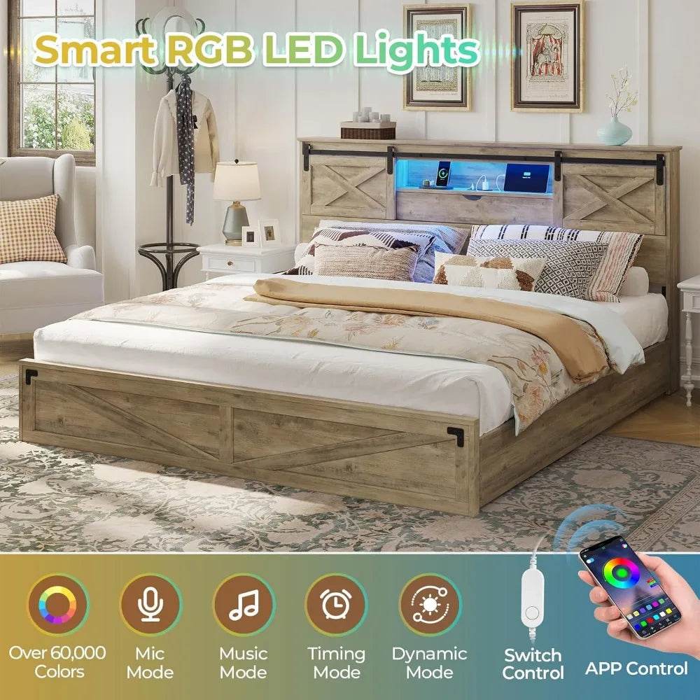 Hasuit Farmhouse Bed Frame King Size with Storage Bookcase Headboard, Wooden King Bed with LED Lights, Charging Station, 2 Drawe - Sleep Galleria