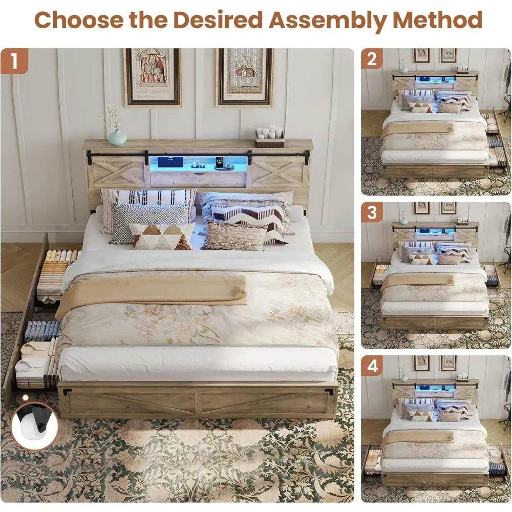 Hasuit Farmhouse Bed Frame King Size with Storage Bookcase Headboard, Wooden King Bed with LED Lights, Charging Station, 2 Drawe - Sleep Galleria