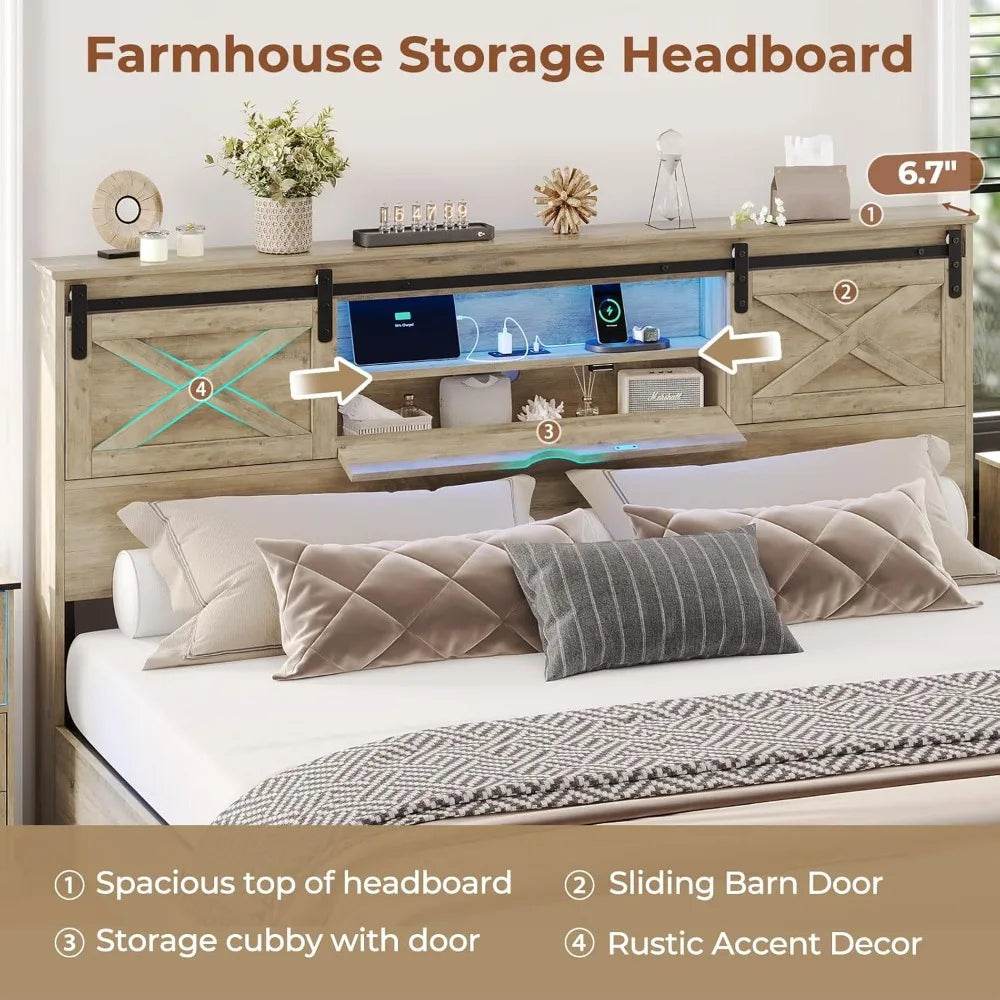 Hasuit Farmhouse Bed Frame King Size with Storage Bookcase Headboard, Wooden King Bed with LED Lights, Charging Station, 2 Drawe - Sleep Galleria