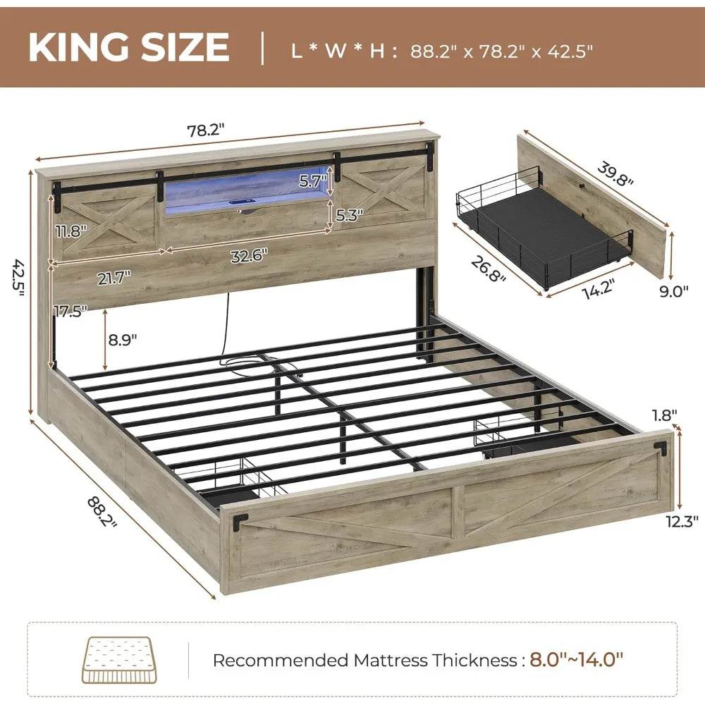 Hasuit Farmhouse Bed Frame King Size with Storage Bookcase Headboard, Wooden King Bed with LED Lights, Charging Station, 2 Drawe - Sleep Galleria
