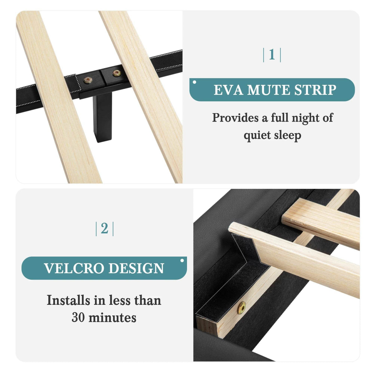 HOOMIC Modern Faux Leather Bed Frame with Iron Pieces Decor, Low Profile Platform Bed with Height-Adjustable Headboard - Sleep Galleria