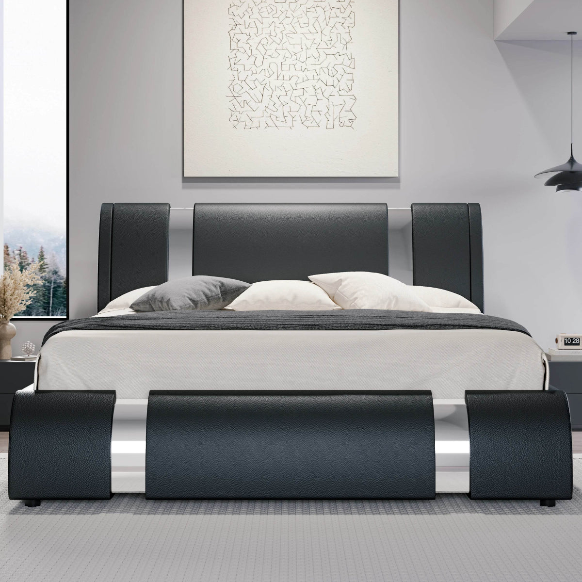 HOOMIC Modern Faux Leather Bed Frame with Iron Pieces Decor, Low Profile Platform Bed with Height-Adjustable Headboard - Sleep Galleria