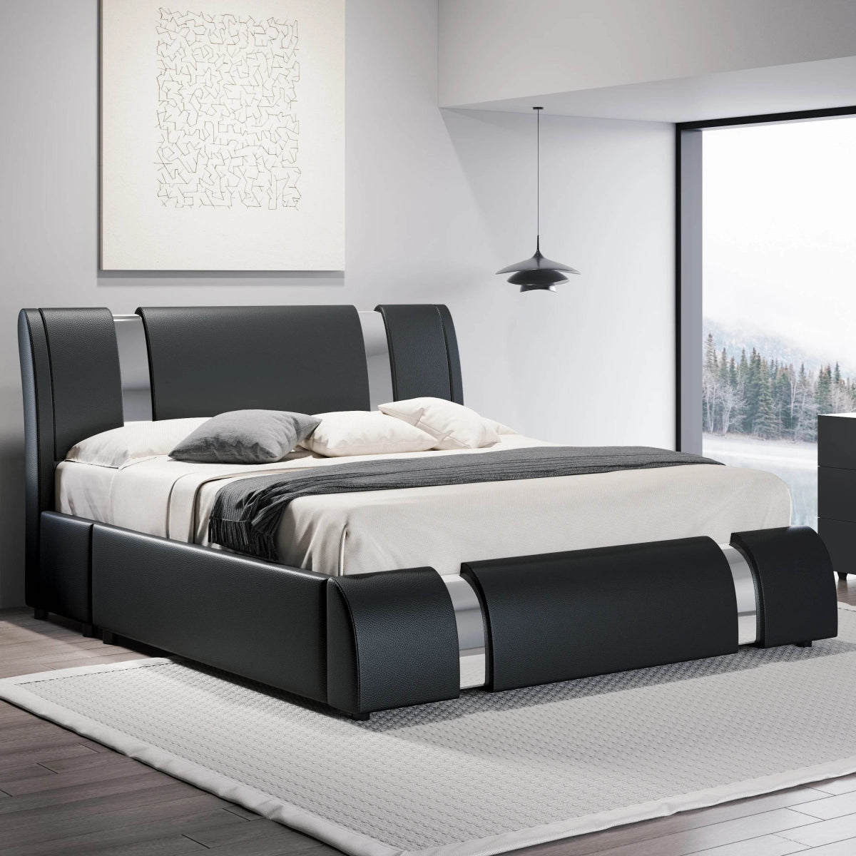 HOOMIC Modern Faux Leather Bed Frame with Iron Pieces Decor, Low Profile Platform Bed with Height-Adjustable Headboard - Sleep Galleria