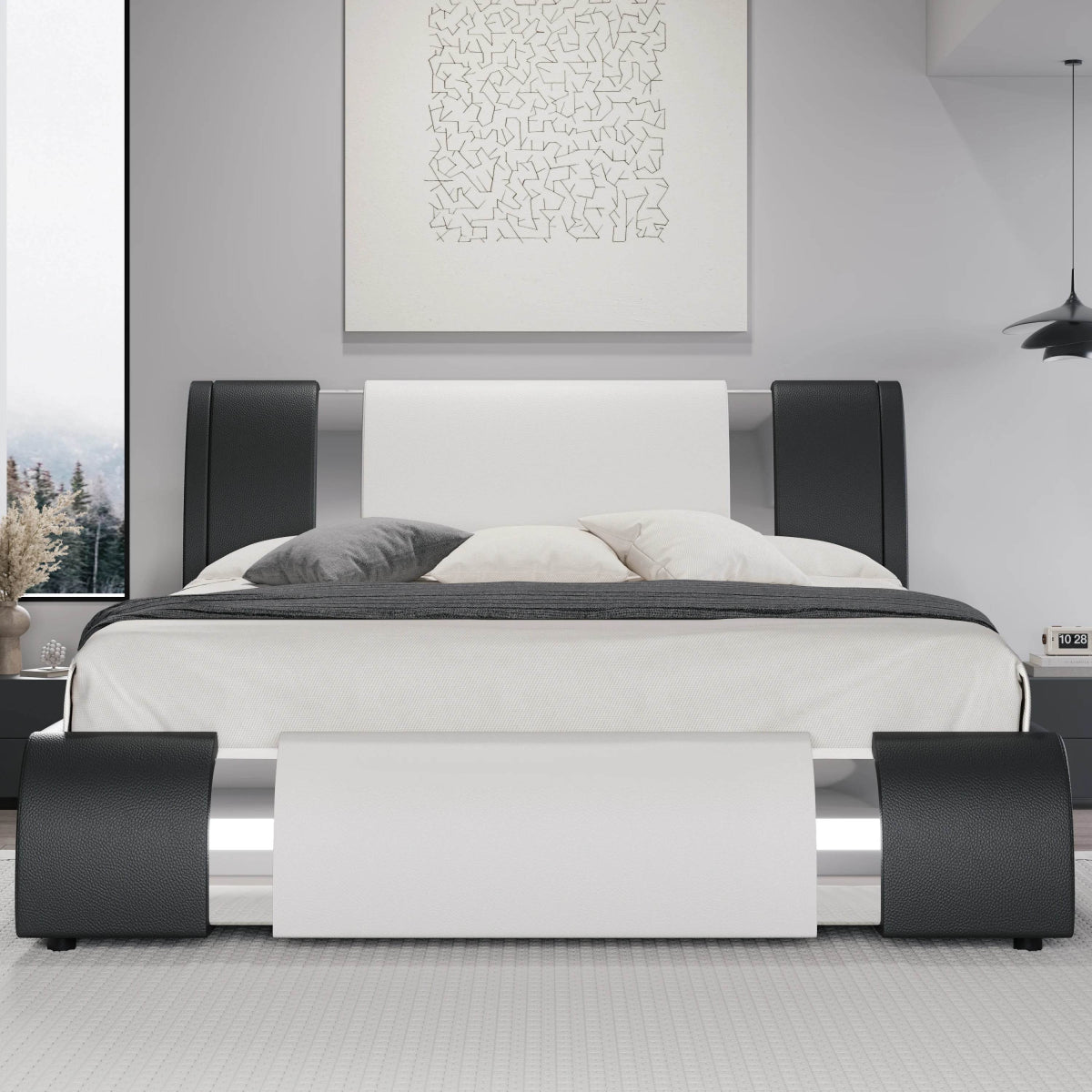 HOOMIC Modern Faux Leather Bed Frame with Iron Pieces Decor, Low Profile Platform Bed with Height-Adjustable Headboard - Sleep Galleria
