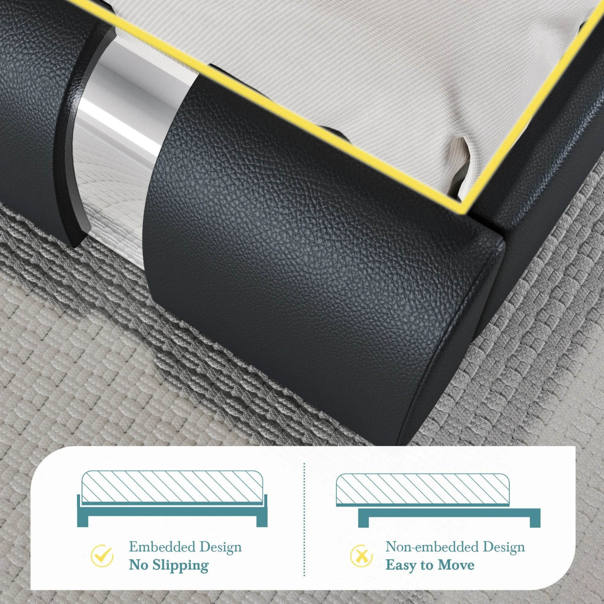 HOOMIC Modern Faux Leather Bed Frame with Iron Pieces Decor, Low Profile Platform Bed with Height-Adjustable Headboard - Sleep Galleria