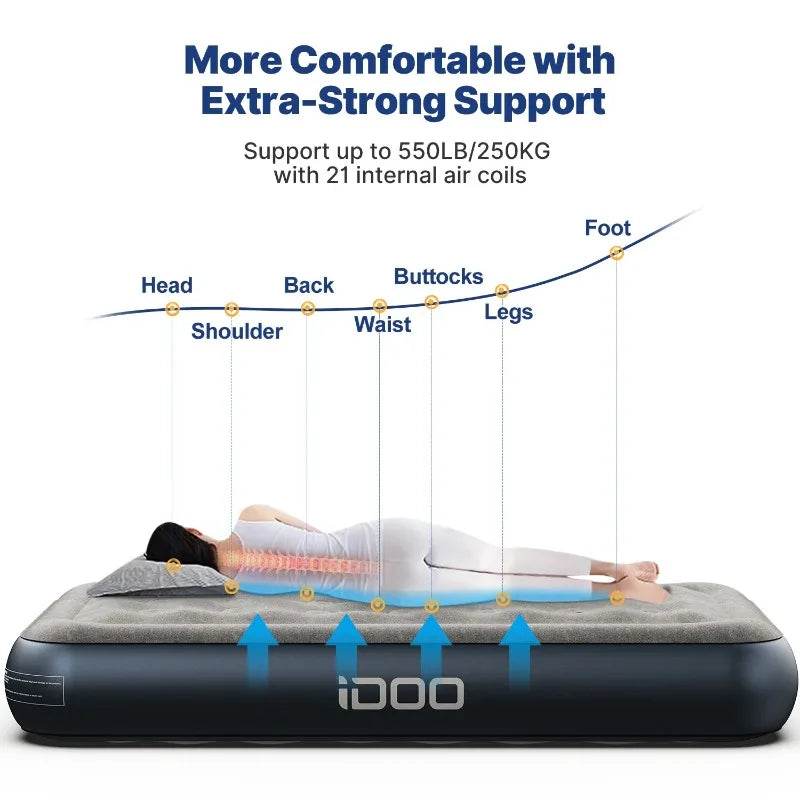 iDOO Queen Size Air Mattress, Inflatable Airbed with Built-in Pump, 650lb MAX - Sleep Galleria