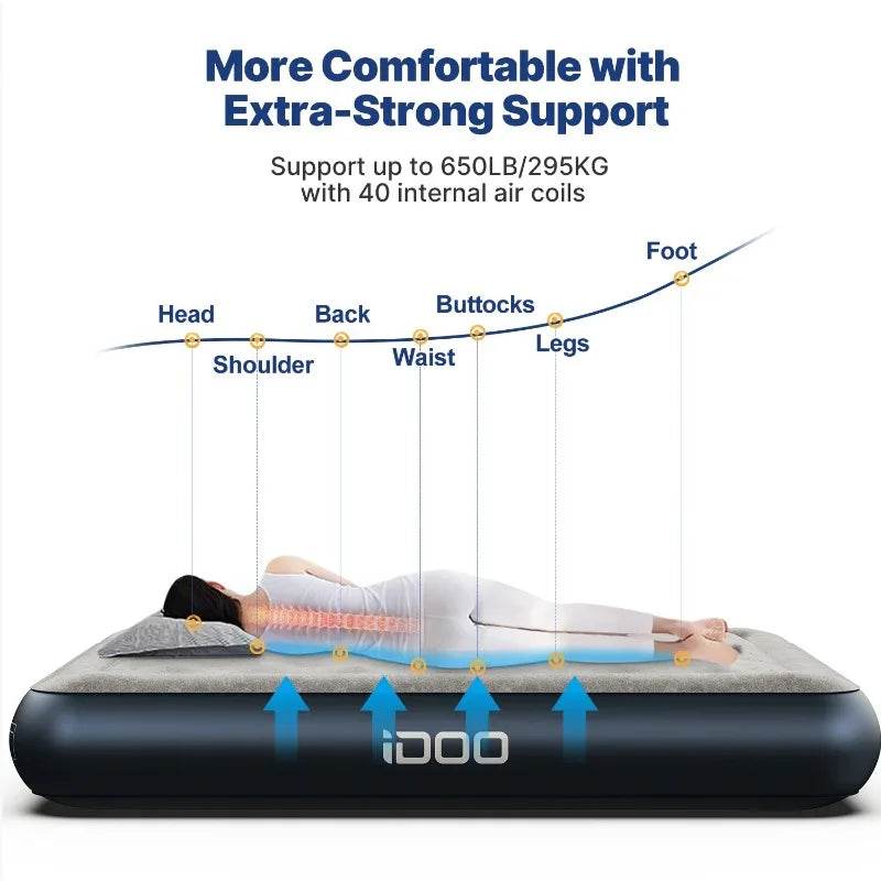 iDOO Queen Size Air Mattress, Inflatable Airbed with Built-in Pump, 650lb MAX - Sleep Galleria