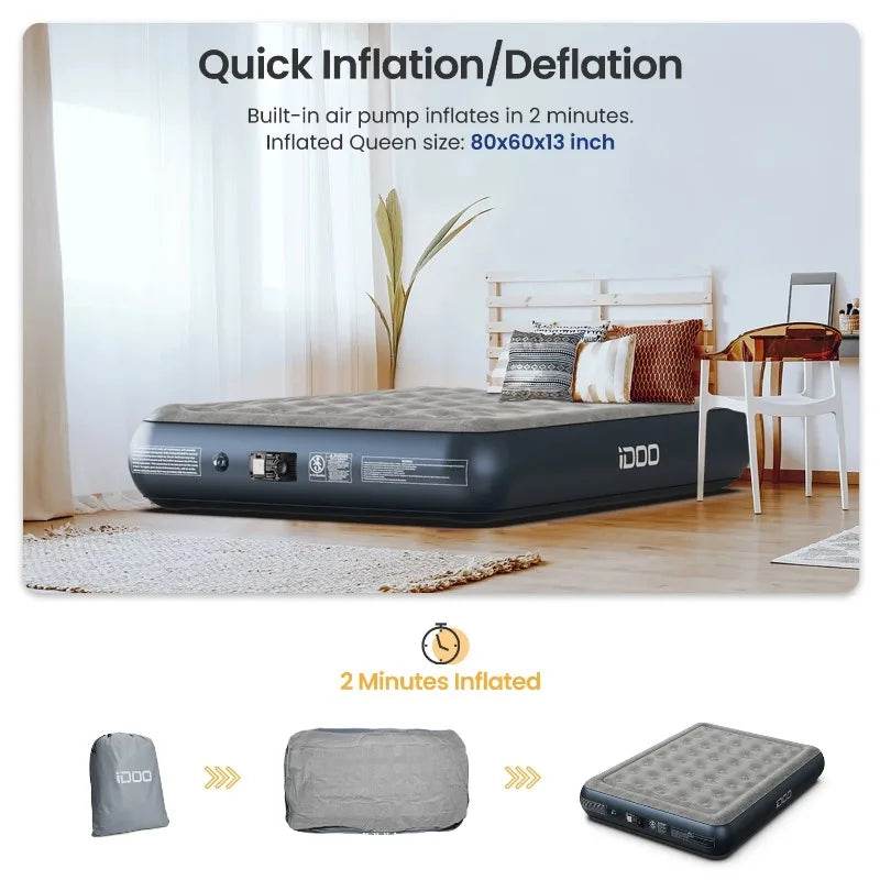 iDOO Queen Size Air Mattress, Inflatable Airbed with Built-in Pump, 650lb MAX - Sleep Galleria