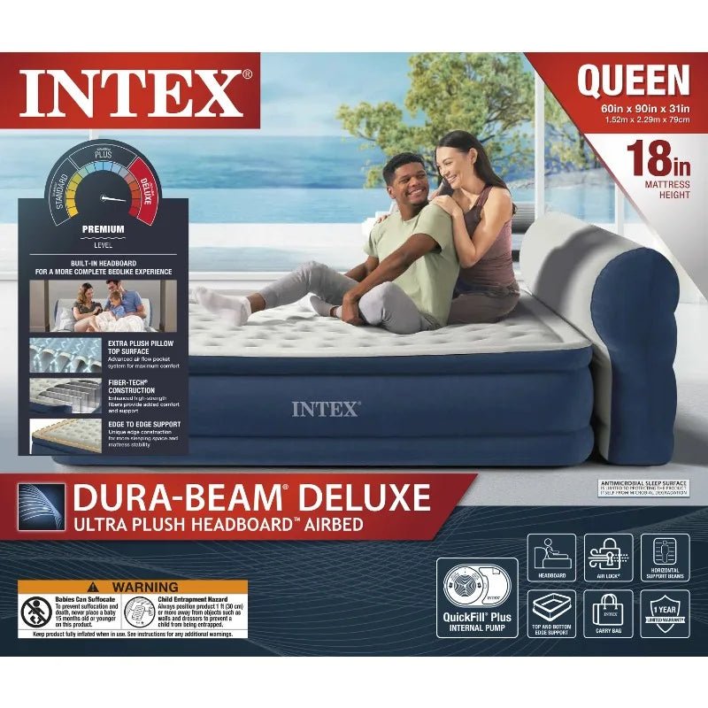Intex Headboard 18" Queen Dura - Beam Deluxe Raised Air Bed Mattress with Built - in Pump - Sleep Galleria - Sleep Galleria