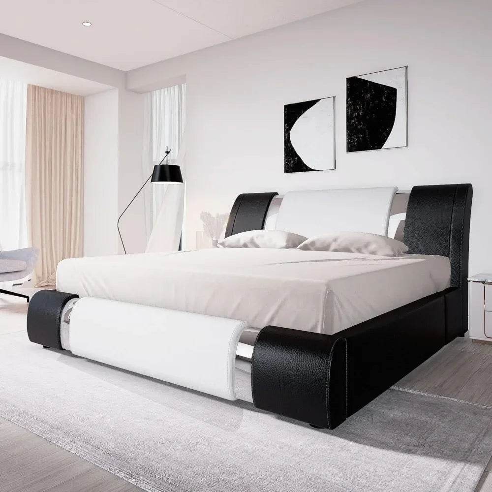 King Size Bed Frame with Iron Piece Decor, Faux Leather Upholstered Platform Bed with Curved Adjustable Headboard - Omega Lifestyles