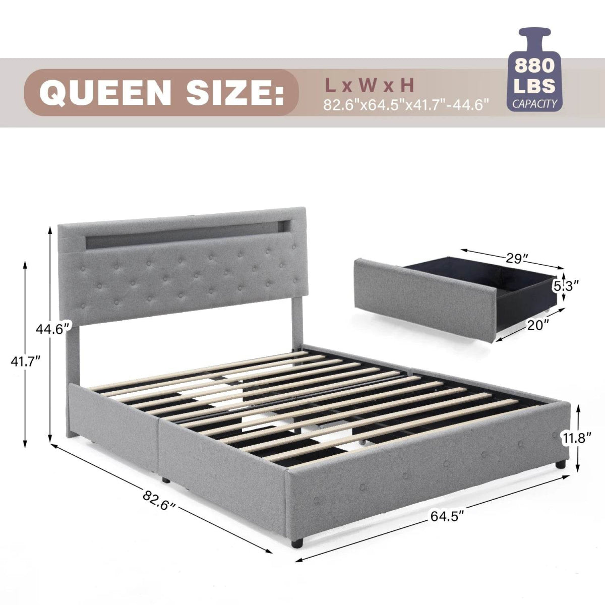 King/Queen Size LED Bed Frame with 4 Drawers & 2 USB Charging Station, Modern Adjustable Upholstered Button Tufted Headboard - Sleep Galleria - Sleep Galleria
