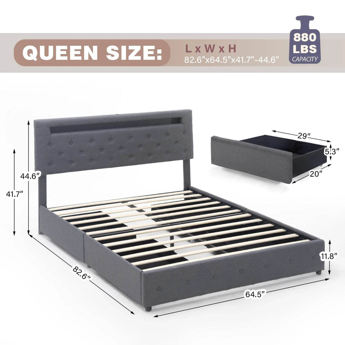 King/Queen Size LED Bed Frame with 4 Drawers & 2 USB Charging Station, Modern Adjustable Upholstered Button Tufted Headboard - Sleep Galleria - Sleep Galleria