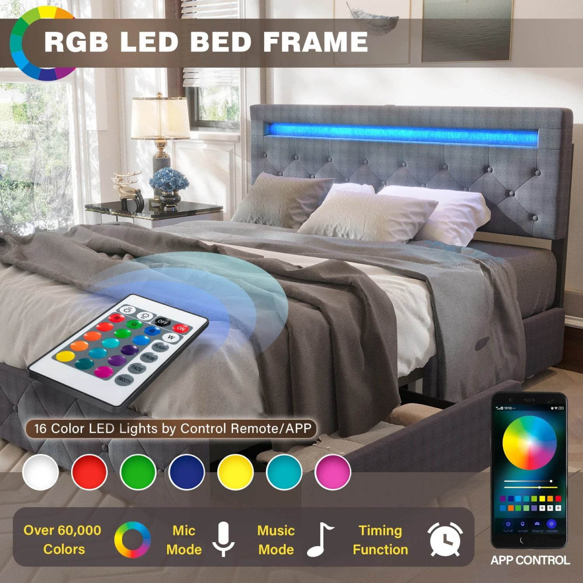 King/Queen Size LED Bed Frame with 4 Drawers & 2 USB Charging Station, Modern Adjustable Upholstered Button Tufted Headboard - Sleep Galleria - Sleep Galleria