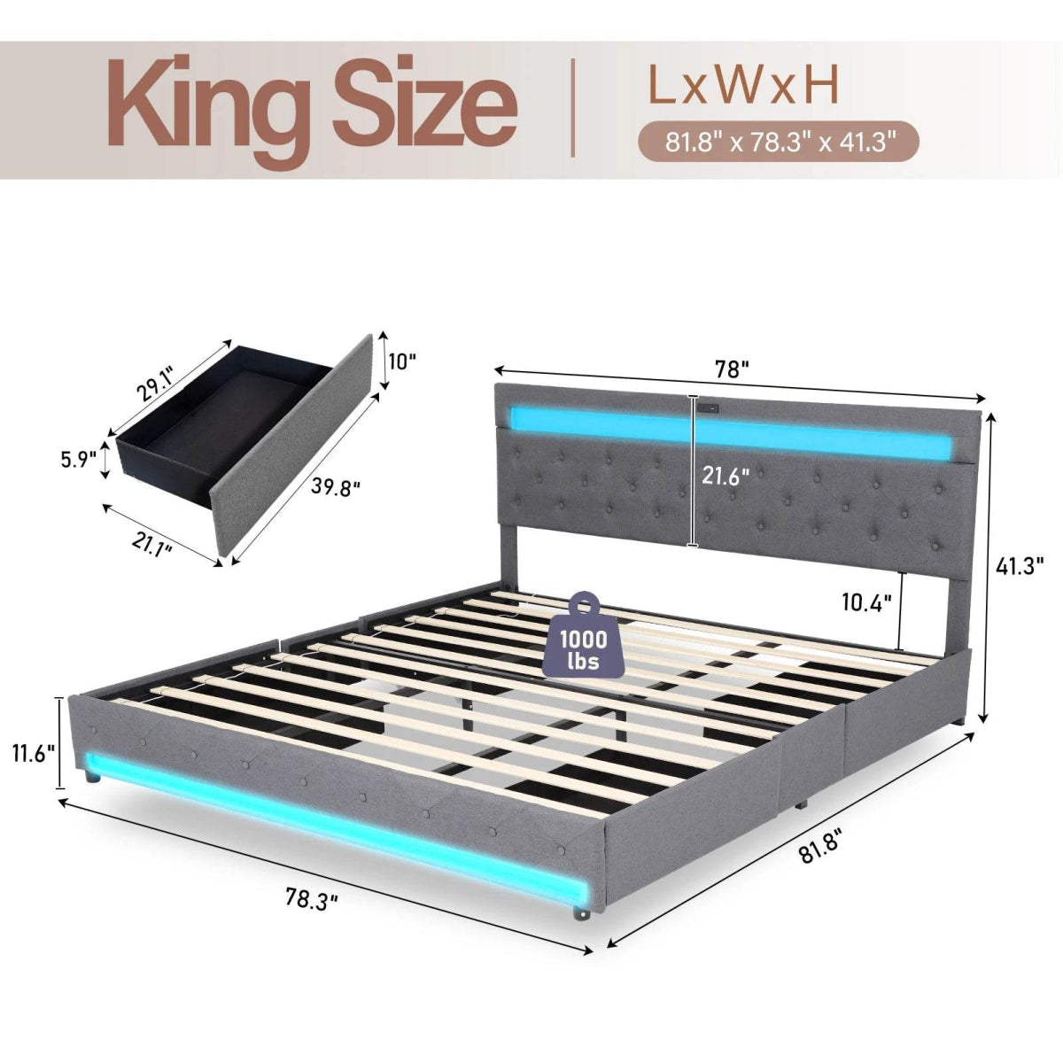 King/Queen Size LED Bed Frame with 4 Drawers & 2 USB Charging Station, Modern Adjustable Upholstered Button Tufted Headboard - Sleep Galleria - Sleep Galleria