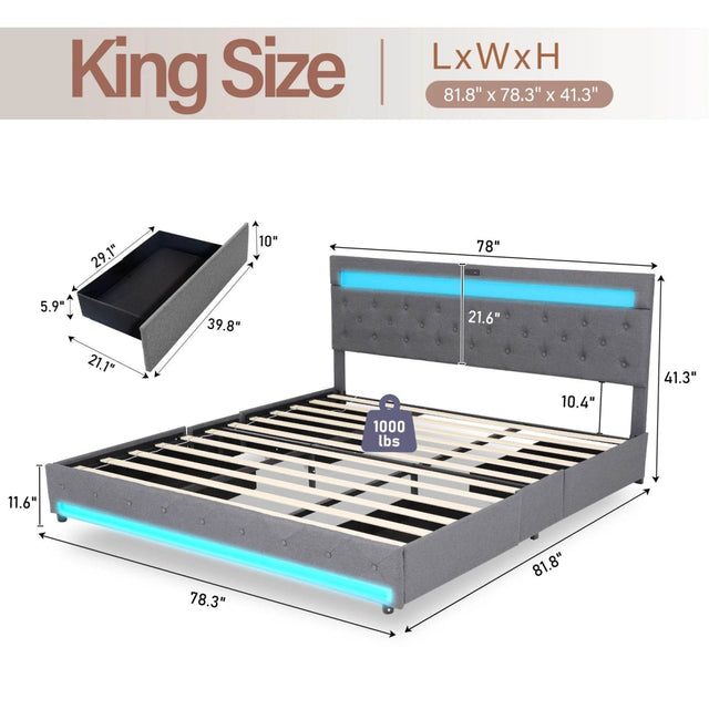King/Queen Size LED Bed Frame with 4 Drawers & 2 USB Charging Station, Modern Adjustable Upholstered Button Tufted Headboard - Omega Lifestyles