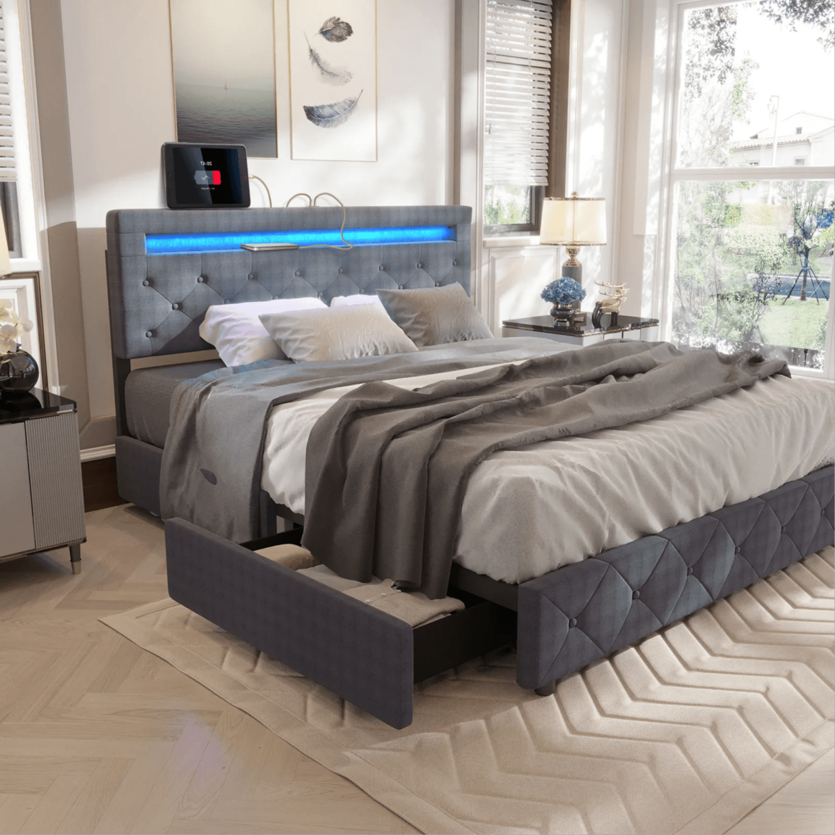 King/Queen Size LED Bed Frame with 4 Drawers & 2 USB Charging Station, Modern Adjustable Upholstered Button Tufted Headboard - Sleep Galleria - Sleep Galleria
