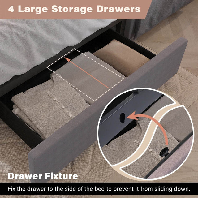 King/Queen Size LED Bed Frame with 4 Drawers & 2 USB Charging Station, Modern Adjustable Upholstered Button Tufted Headboard - Omega Lifestyles