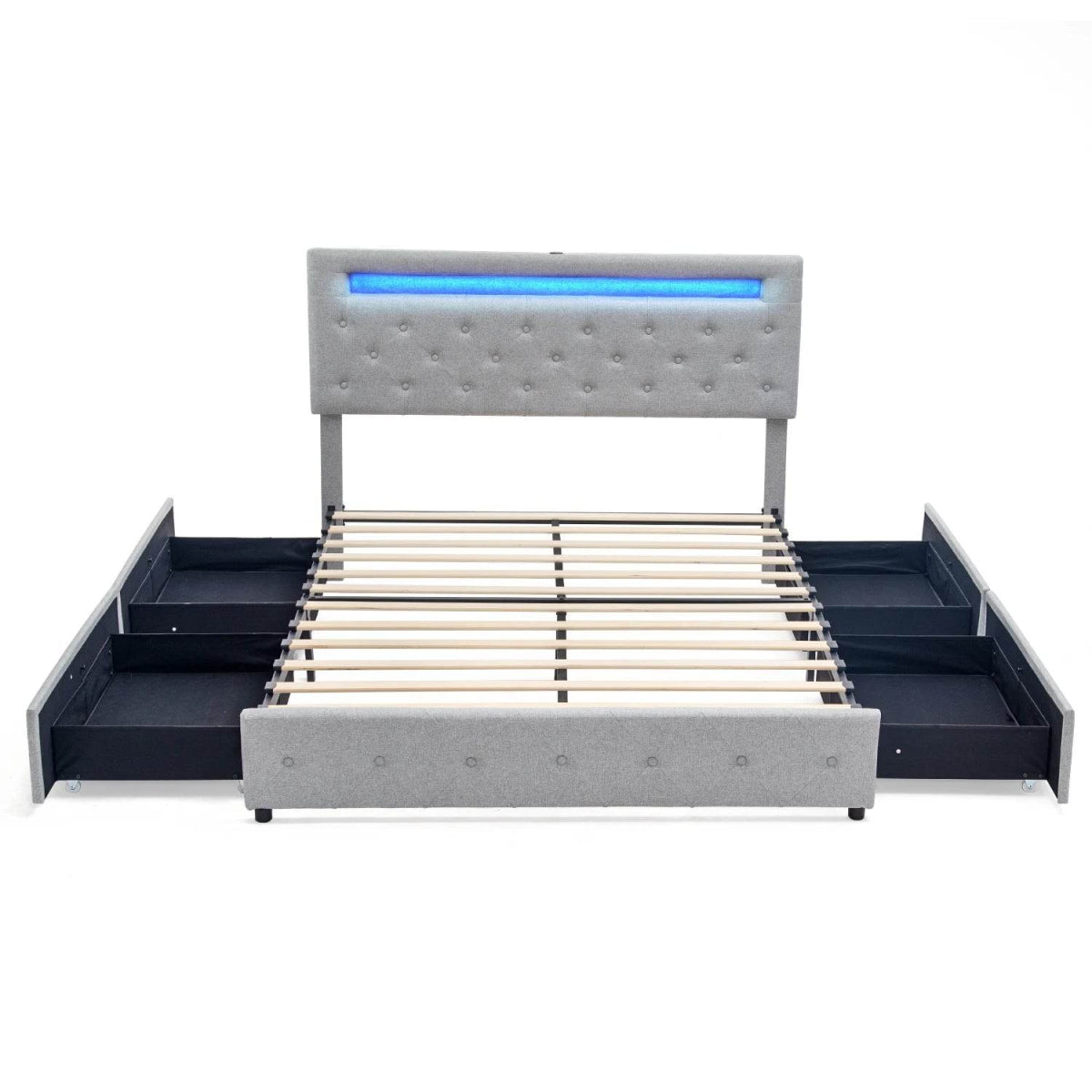 King/Queen Size LED Bed Frame with 4 Drawers & 2 USB Charging Station, Modern Adjustable Upholstered Button Tufted Headboard - Sleep Galleria - Sleep Galleria