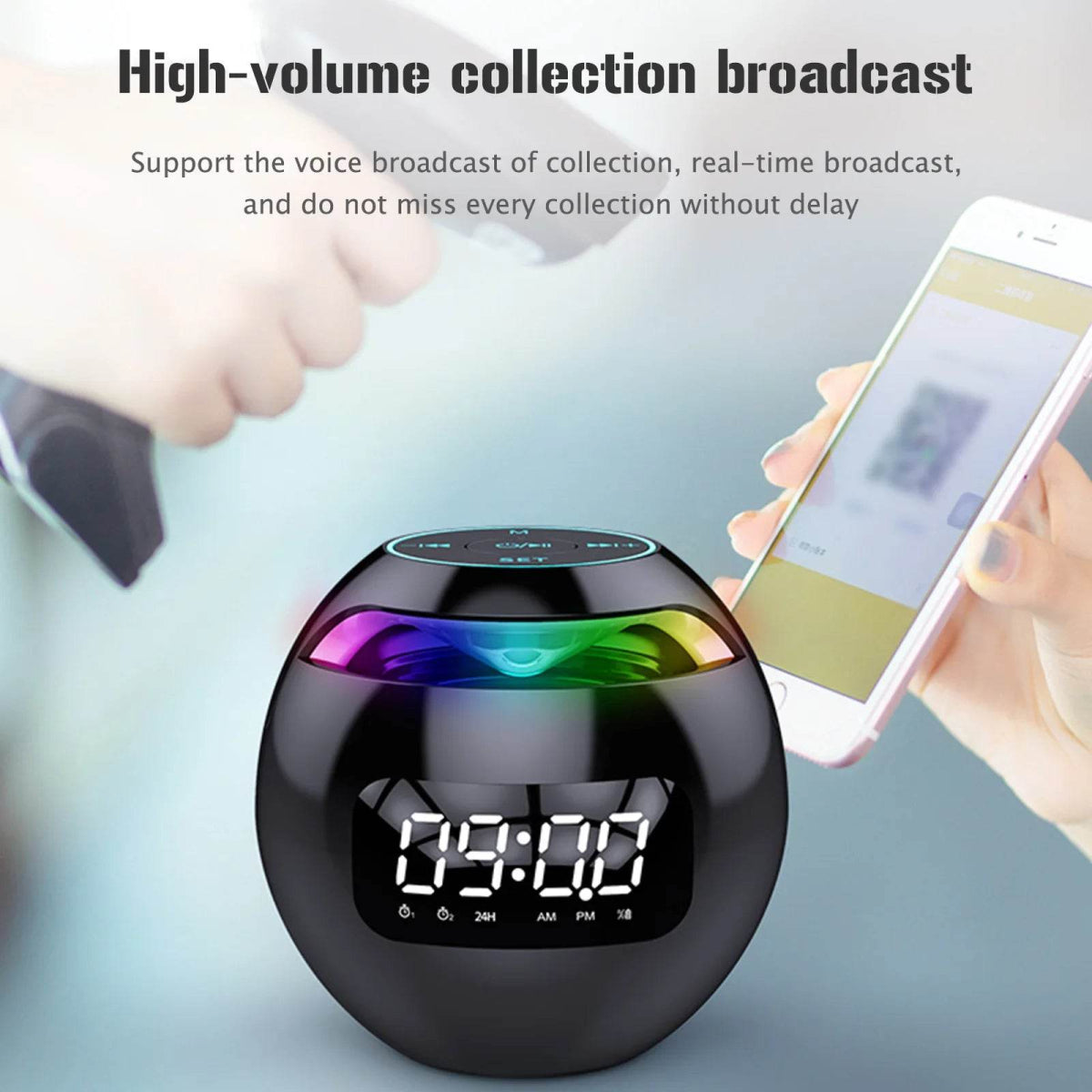 LED Digital Smart Alarm Clock Spherical Digital Clock 2000mAh LED Screen Desk Clocks Bluetooth 5.0 Speaker TF Card FM Radio - Omega Lifestyles