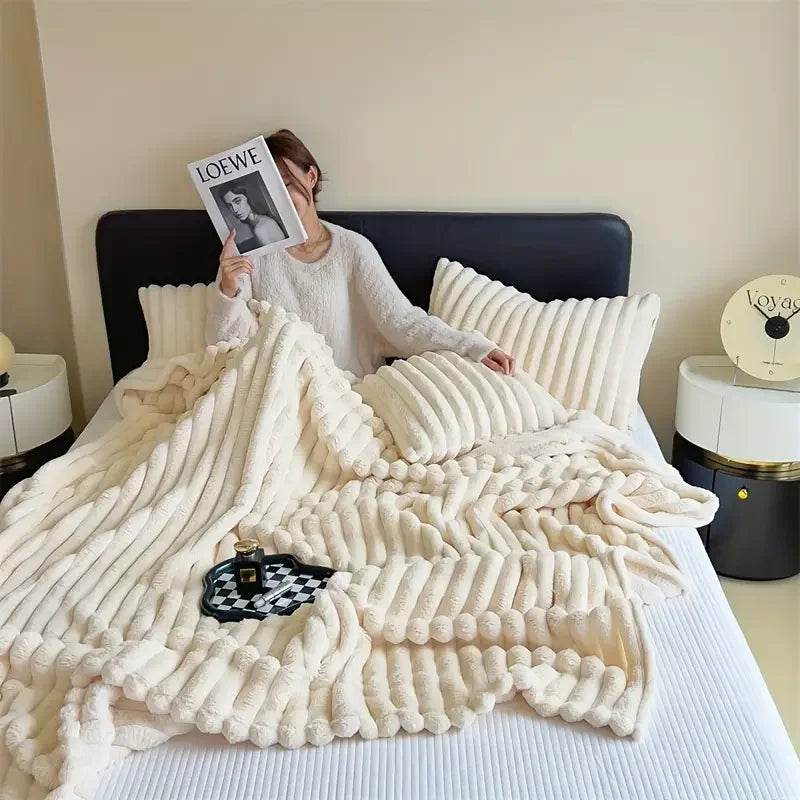 Light luxury Solid Color Multifunctional Rabbit Velvet Blanket Winter Thick Warm Flannel Used For Bedroom Living Room Blanket - Sleep Galleria