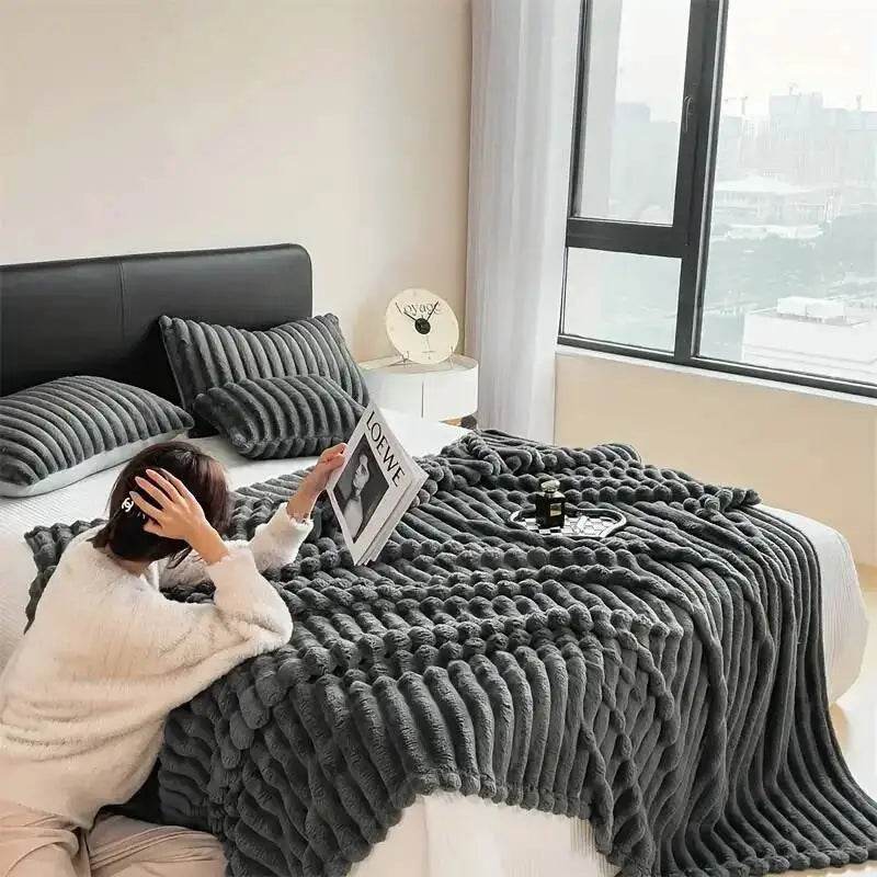 Light luxury Solid Color Multifunctional Rabbit Velvet Blanket Winter Thick Warm Flannel Used For Bedroom Living Room Blanket - Sleep Galleria